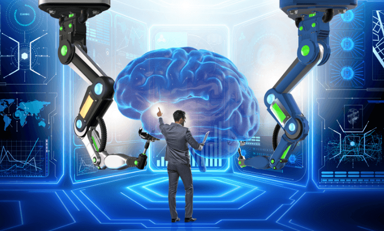 Man standing in front of Cyber brain